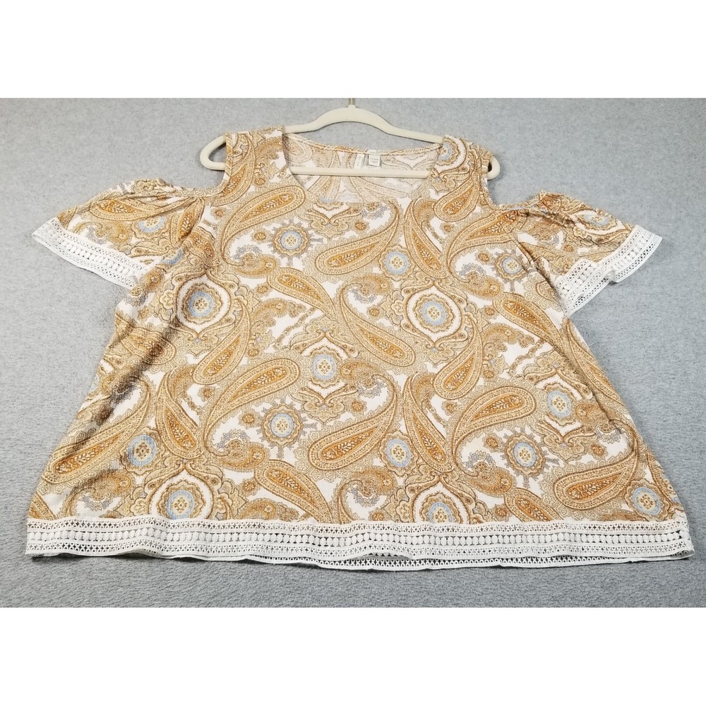 Cato Blouse Women's 22W 24W Plus Tan Paisley See Through Cold Shoulder Boho Top